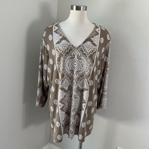 Susan Graver Womens Plus 2X Blouse V Neck Boho Paisley Liquid Knit Stretch Tunic - Picture 1 of 11